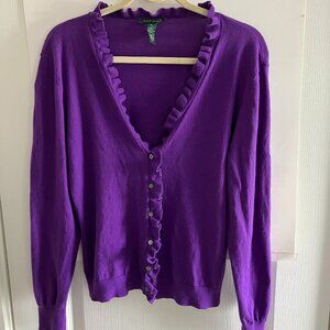 Women's Sweater XLarge V Neck Ruffle Button Cardigan Sweater Cotton/Cashmere.